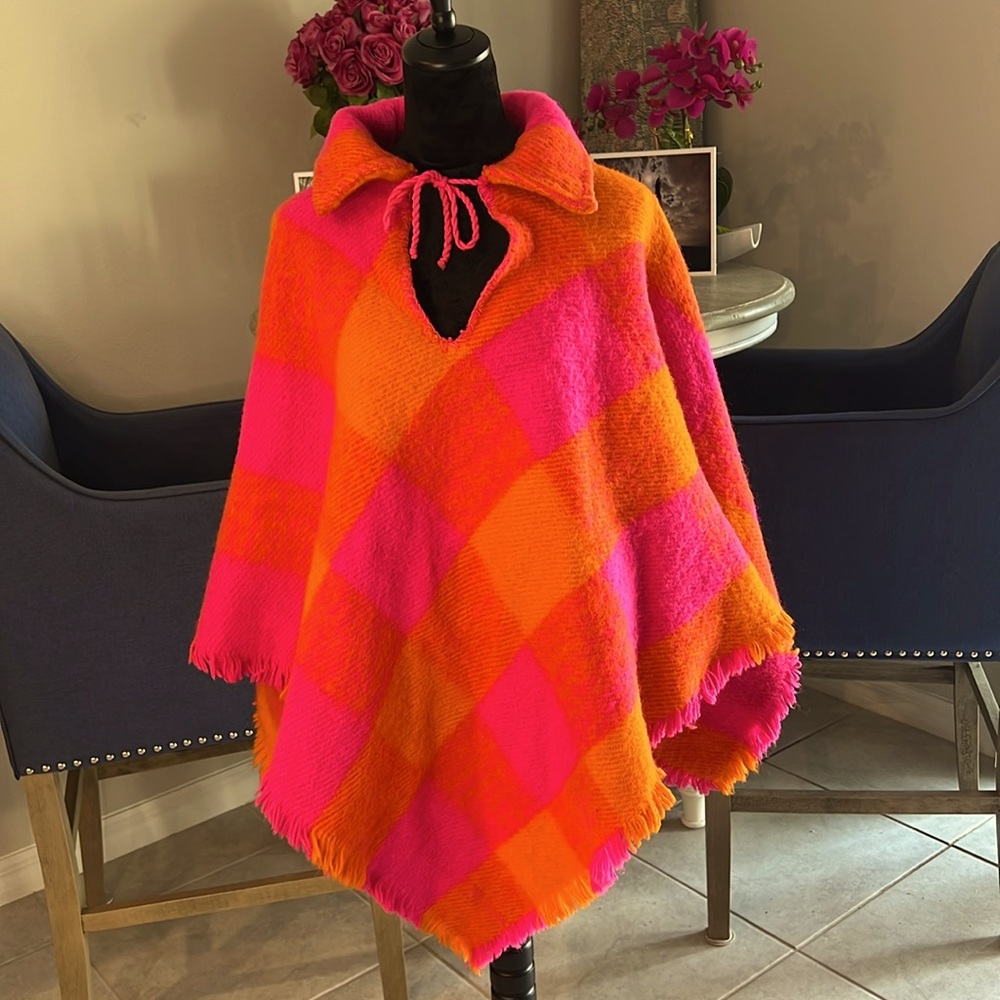 Vintage plaid poncho in fuschia and orange FREE SHIPPING